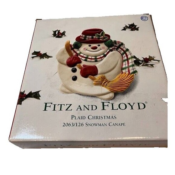 Fitz & Floyd Plaid Snowman Canape Plate Candy Dish Christmas 2063/126 Box - Picture 1 of 5